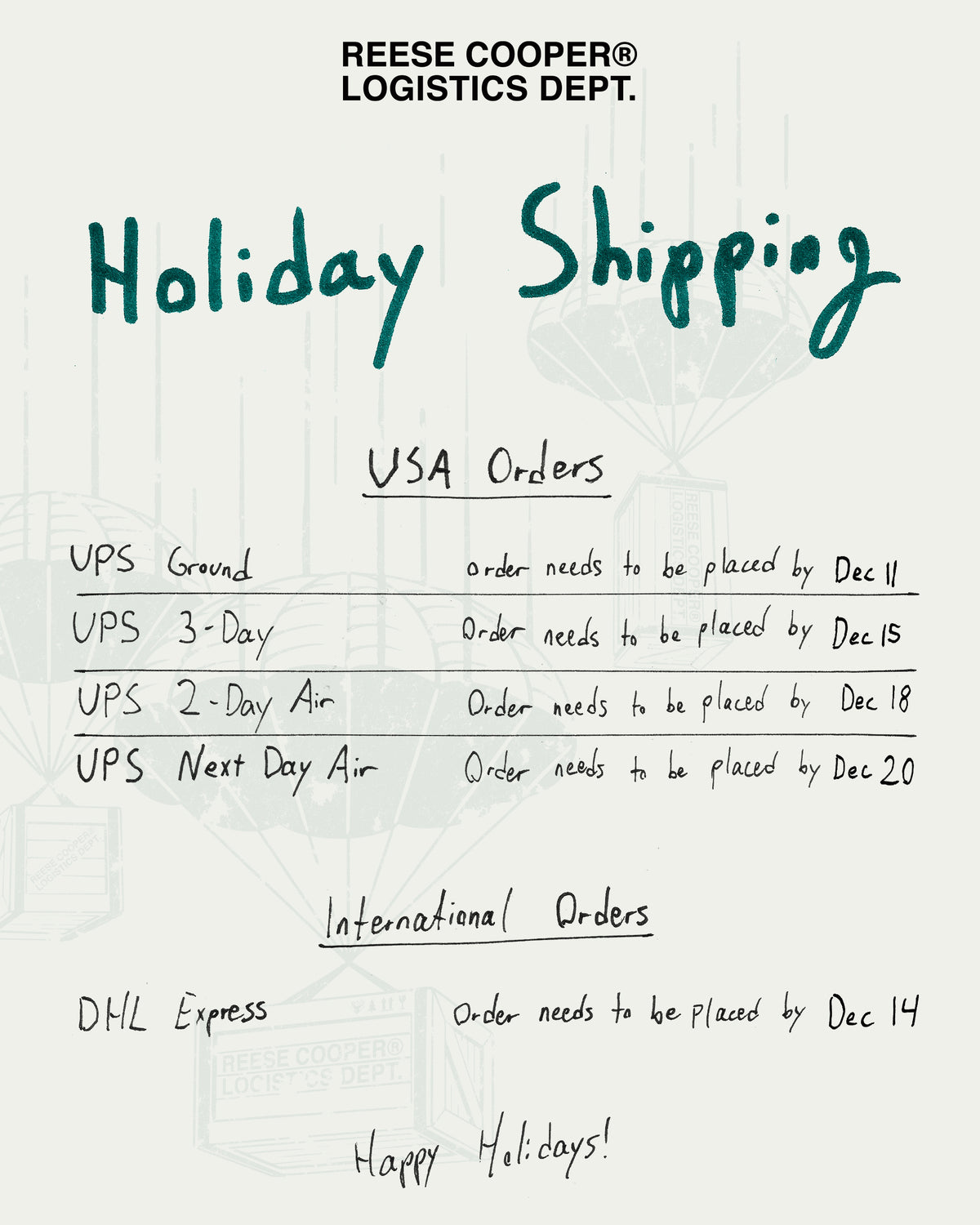 2023 Holiday Shipping info