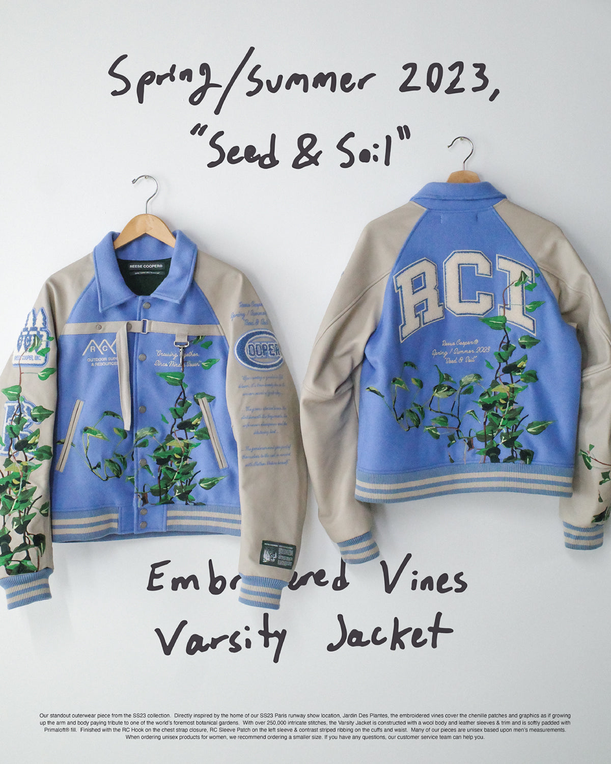 Reese COOPER® Embroidered Vines Varsity Jacket in Sky Blue XL