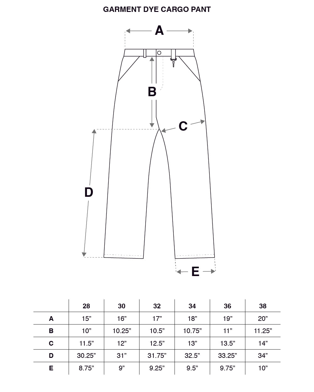 Garment Dyed Cargo Pant in Sage Size Guide