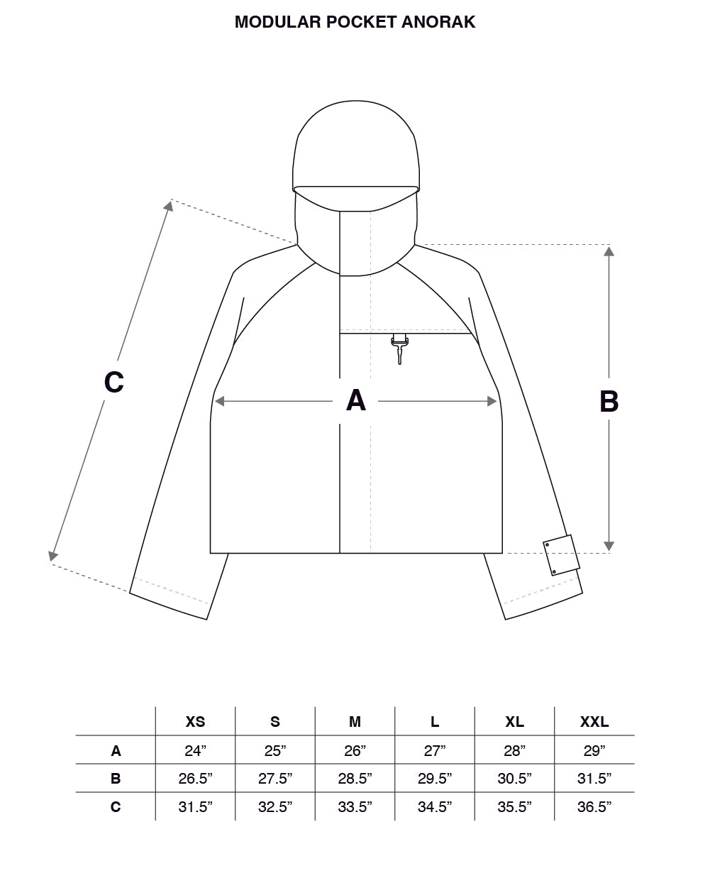 Modular Pocket Cotton Ripstop Anorak in Black Size Guide