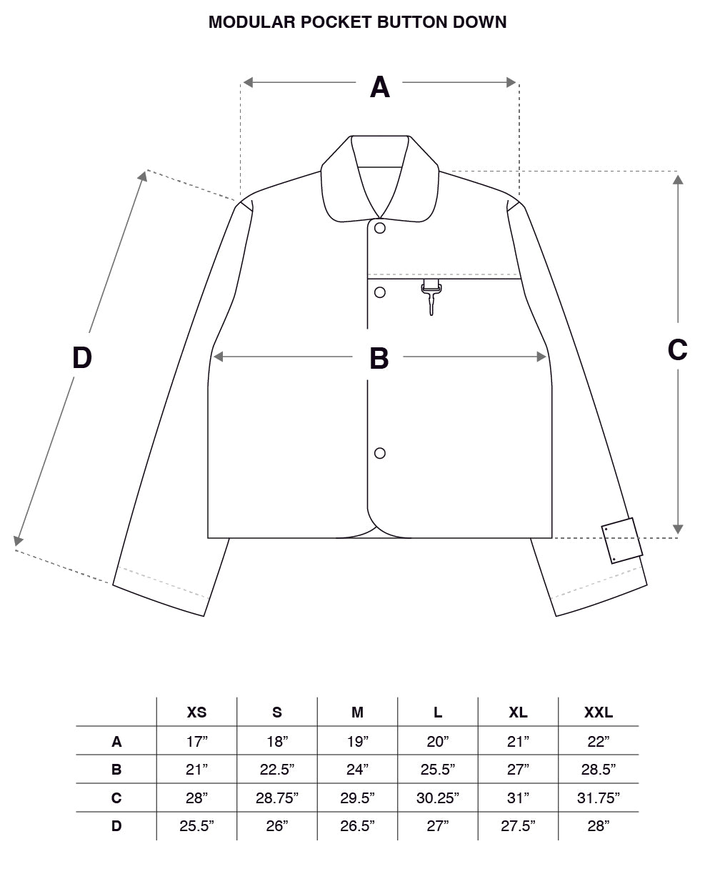 Modular Pocket Cotton Ripstop Button Down Shirt in Camo Size Guide