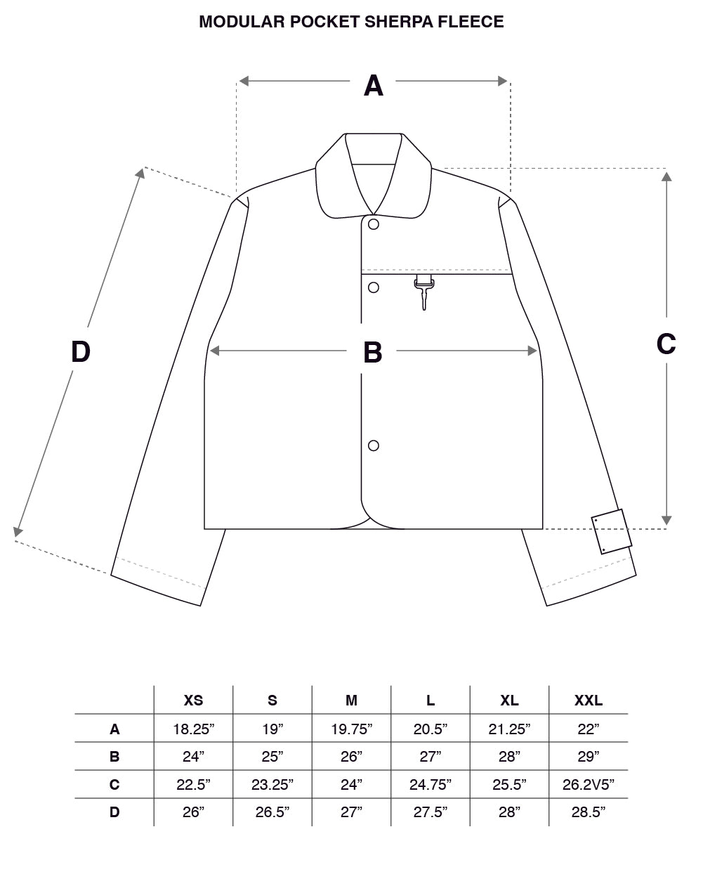 Modular Pocket Sherpa Fleece in Black Size Guide