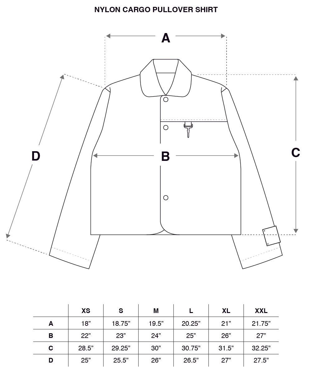 Nylon Cargo Pullover Shirt in Stone Size Guide