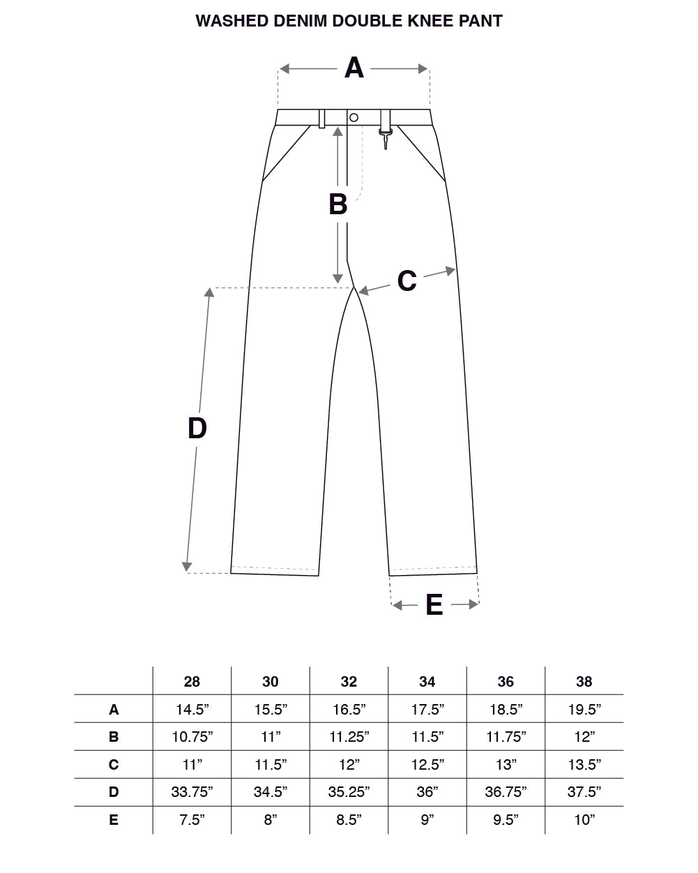 Washed Denim Double Knee Pant Size Guide