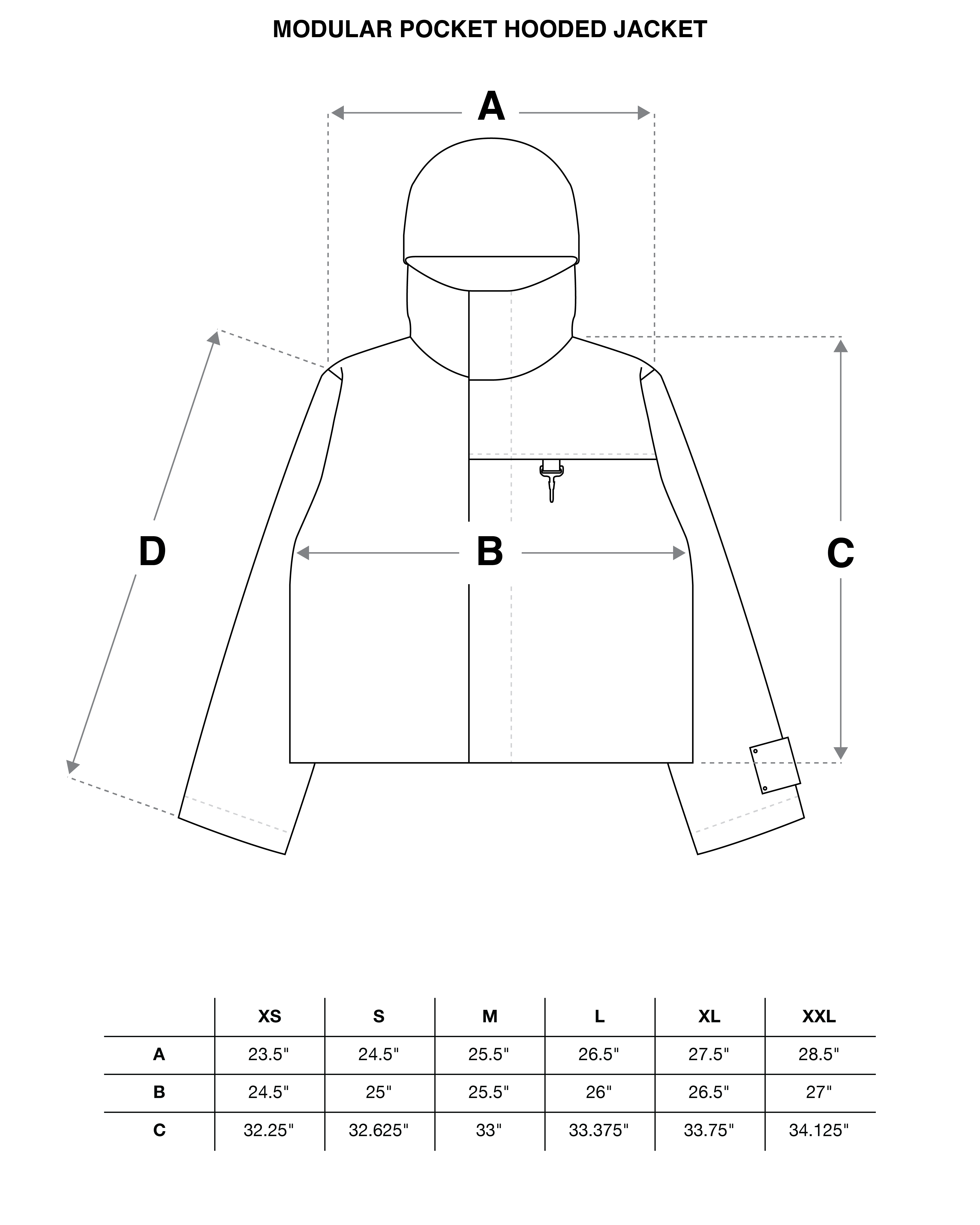 Modular Pocket Hooded Jacket in Black Cotton Ripstop Size Guide