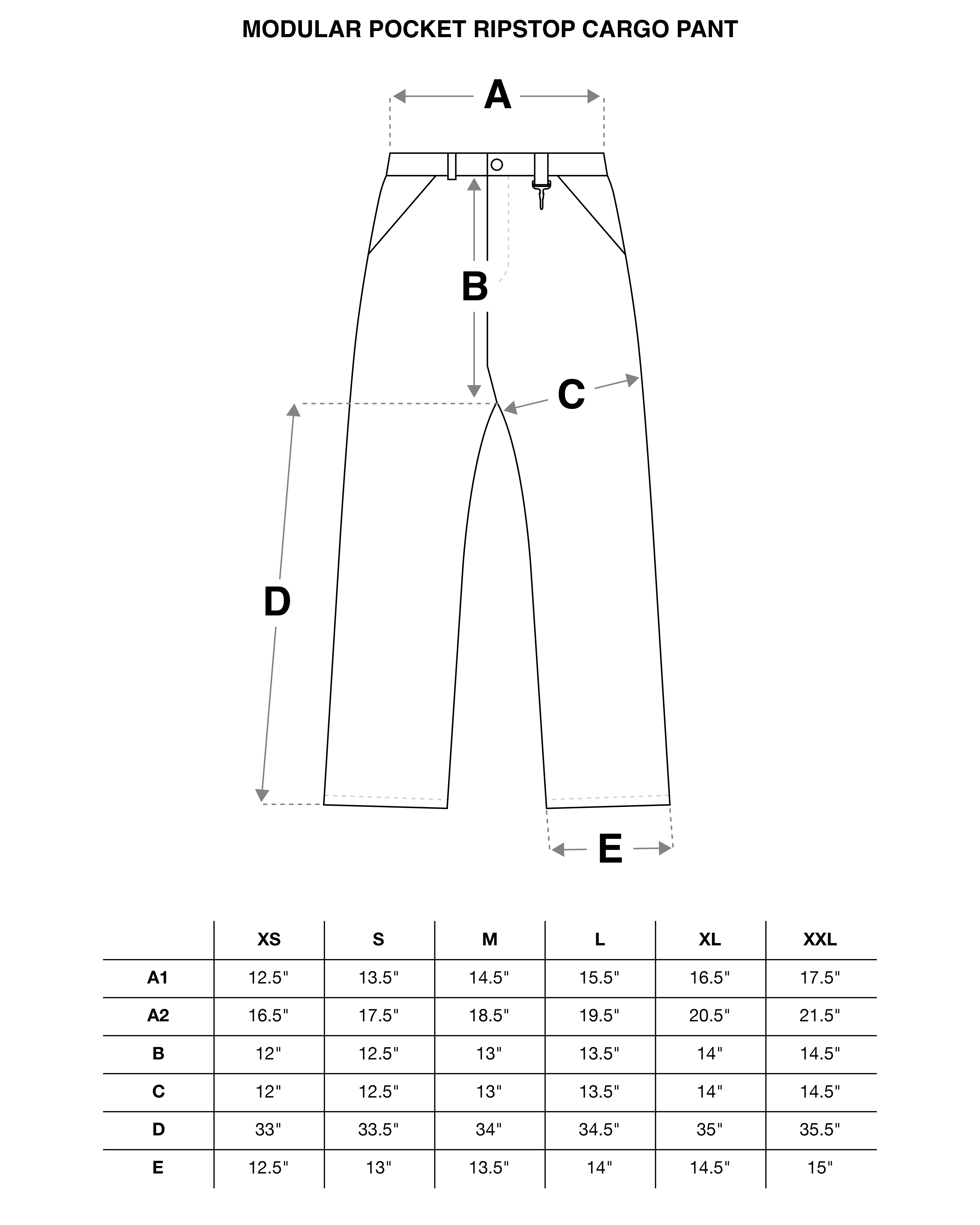 Modular Pocket Cargo Pant in Khaki Cotton Ripstop Size Guide