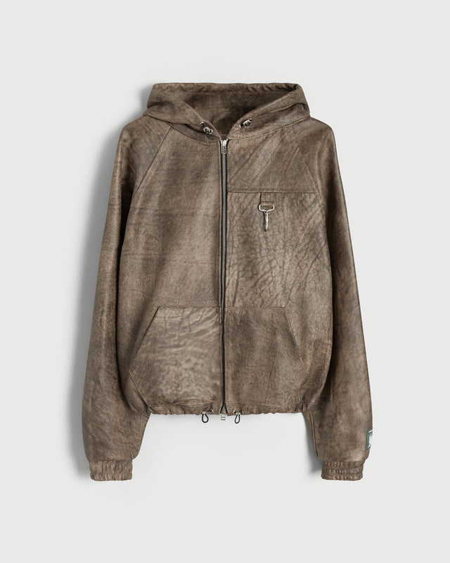 Leather Hooded Jacket in Taupe