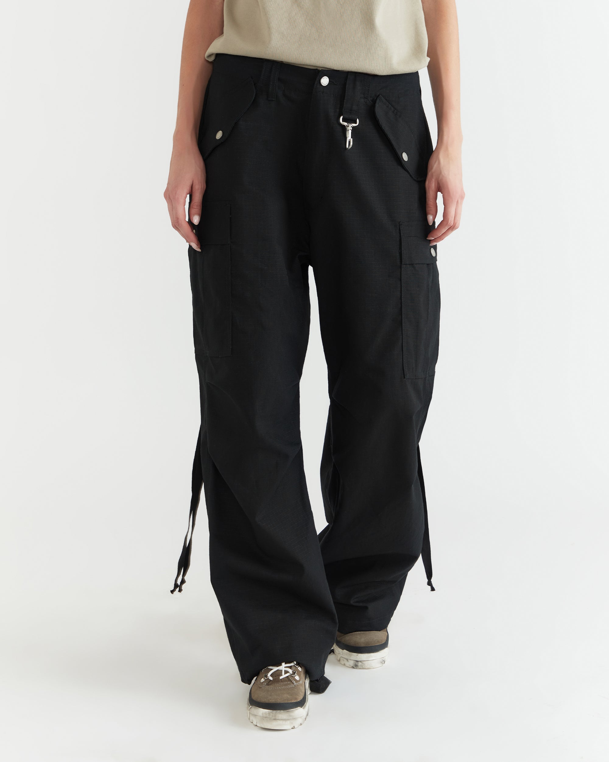 Black Cotton Lycra Rib Knit Wide Leg Pant, 4 Pocket Cargo, Solid
