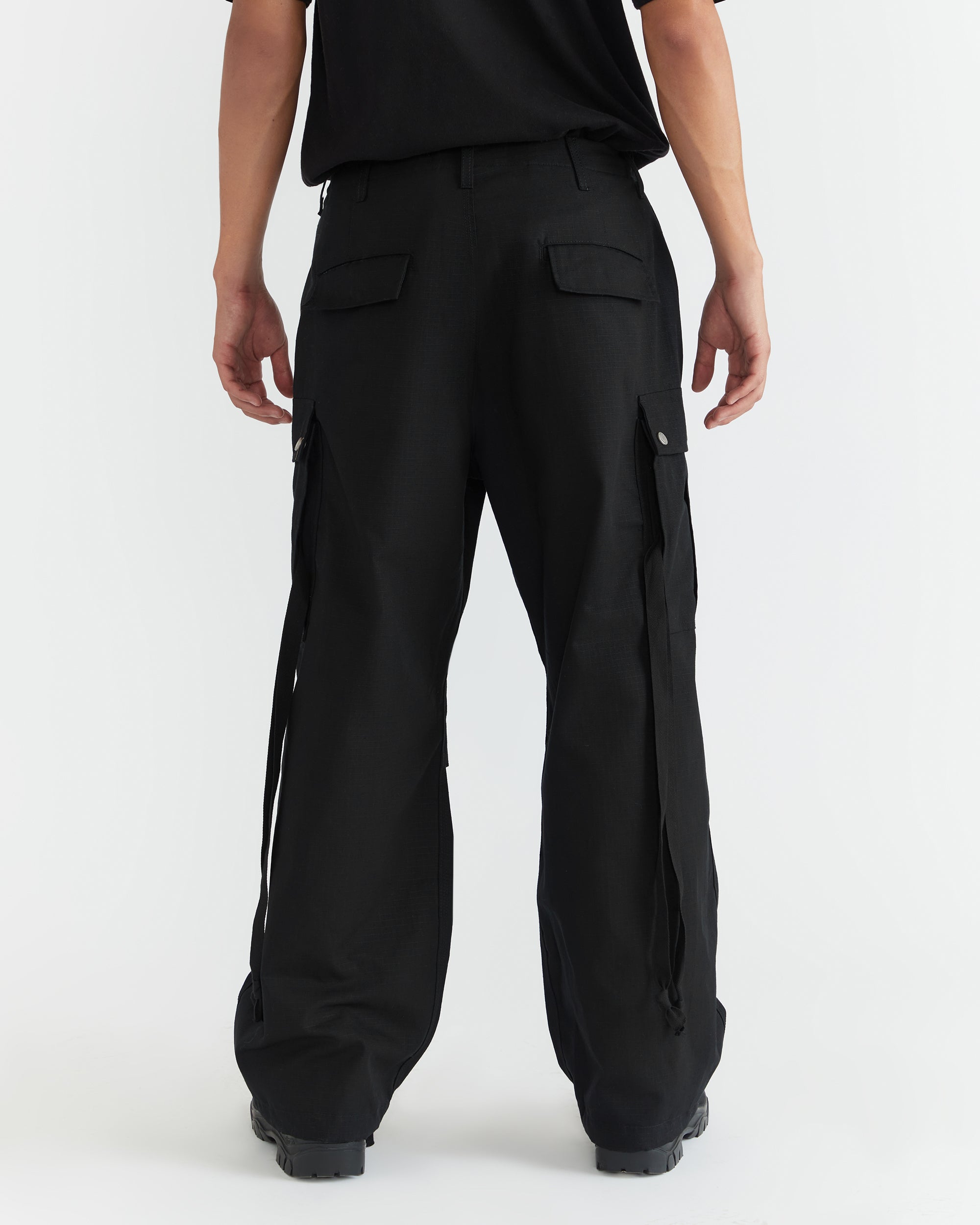 Black Cotton Lycra Rib Knit Wide Leg Pant, 4 Pocket Cargo, Solid