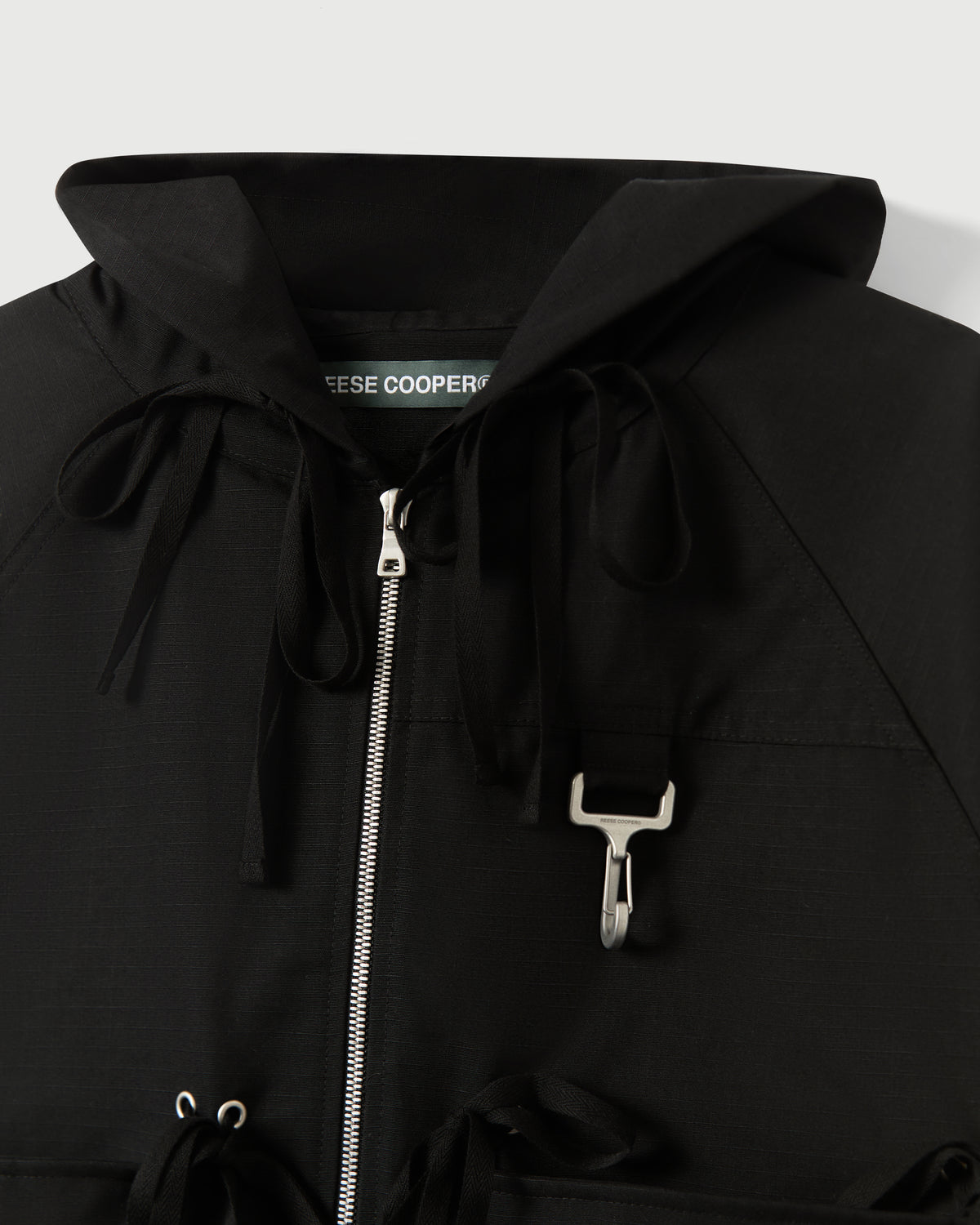 Modular Pocket Hooded Jacket in Black Cotton Ripstop