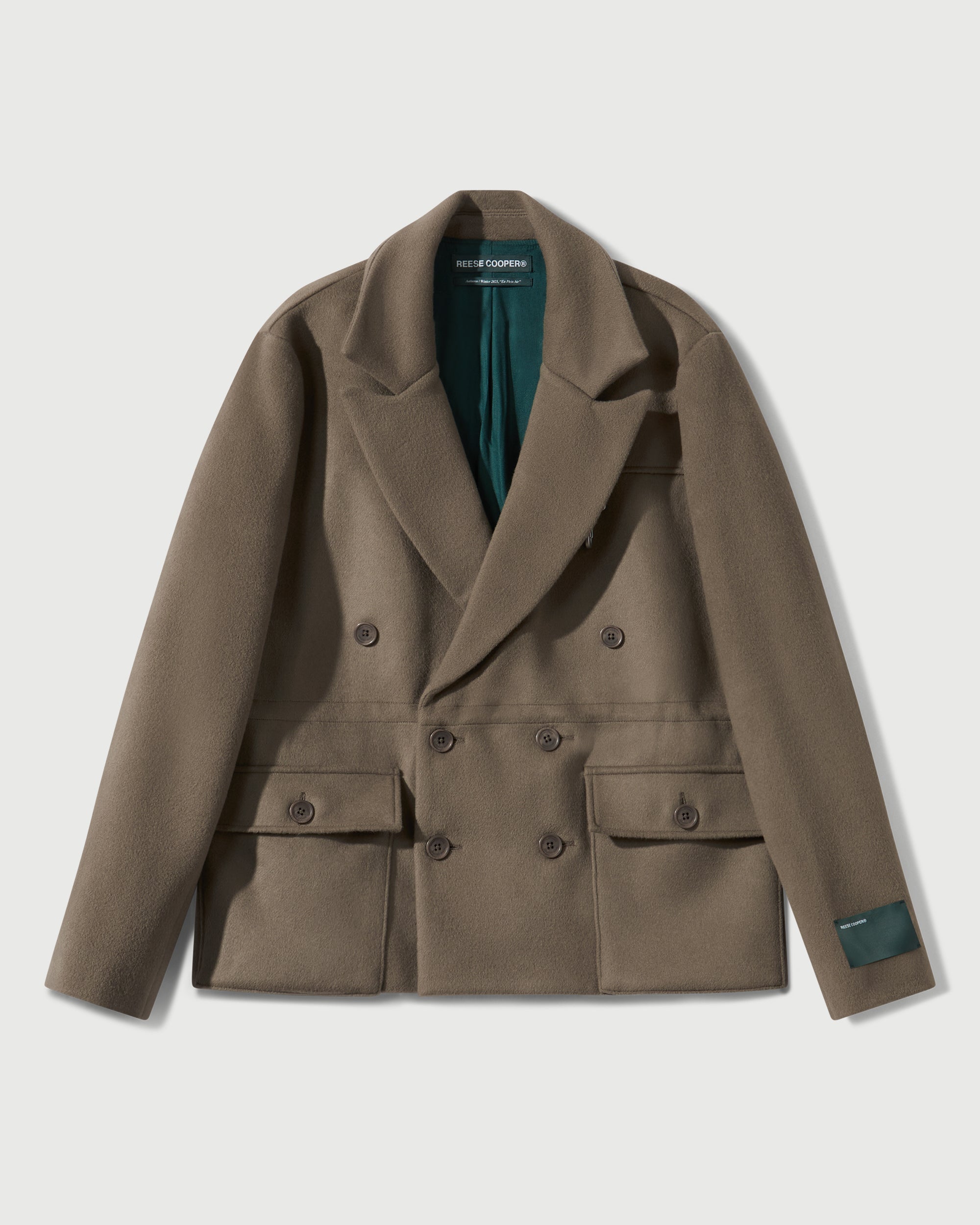 Merino Wool Double Breasted Blazer in Warm Grey