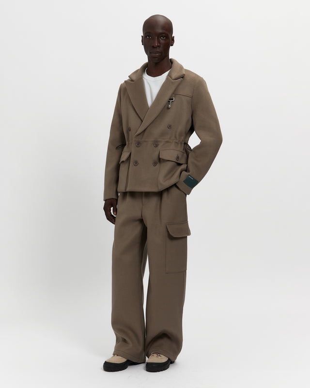 Merino Wool Double Breasted Blazer in Warm Grey