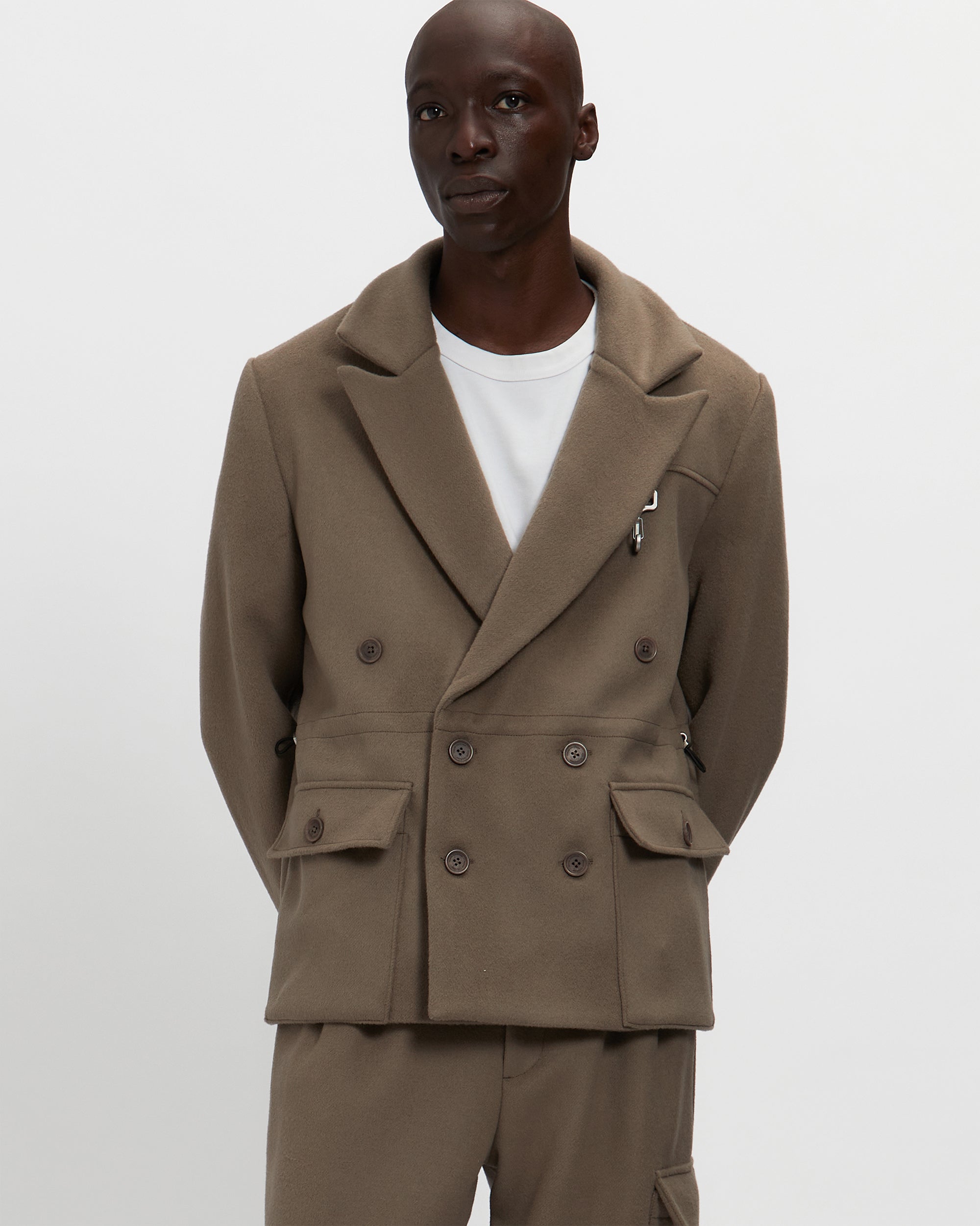 Merino Wool Double Breasted Blazer in Warm Grey