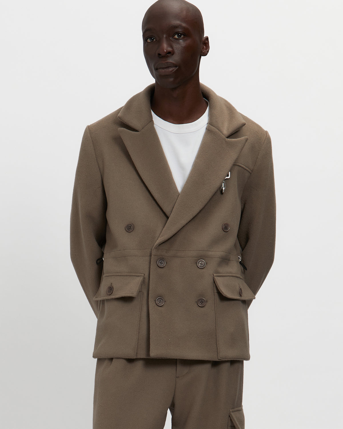 Merino Wool Double Breasted Blazer in Warm Grey