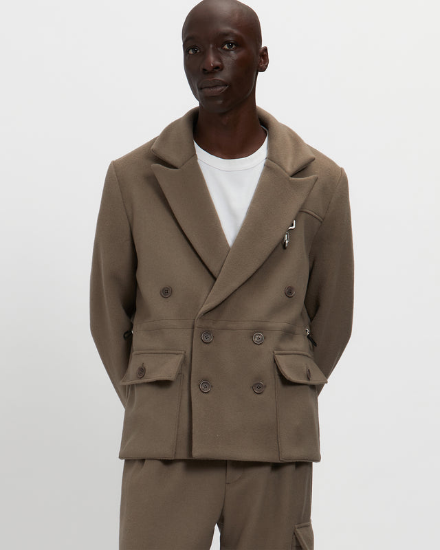 Merino Wool Double Breasted Blazer in Warm Grey