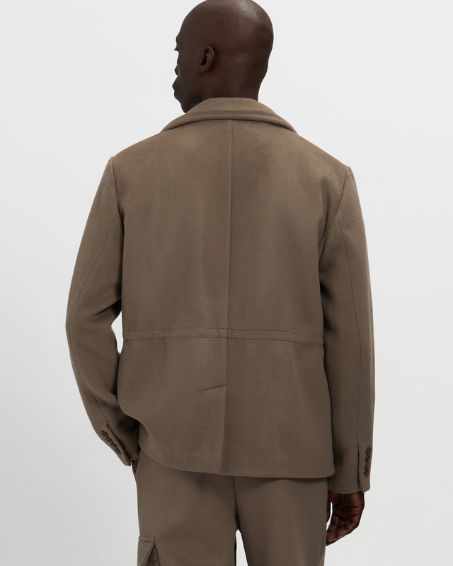 Merino Wool Double Breasted Blazer in Warm Grey