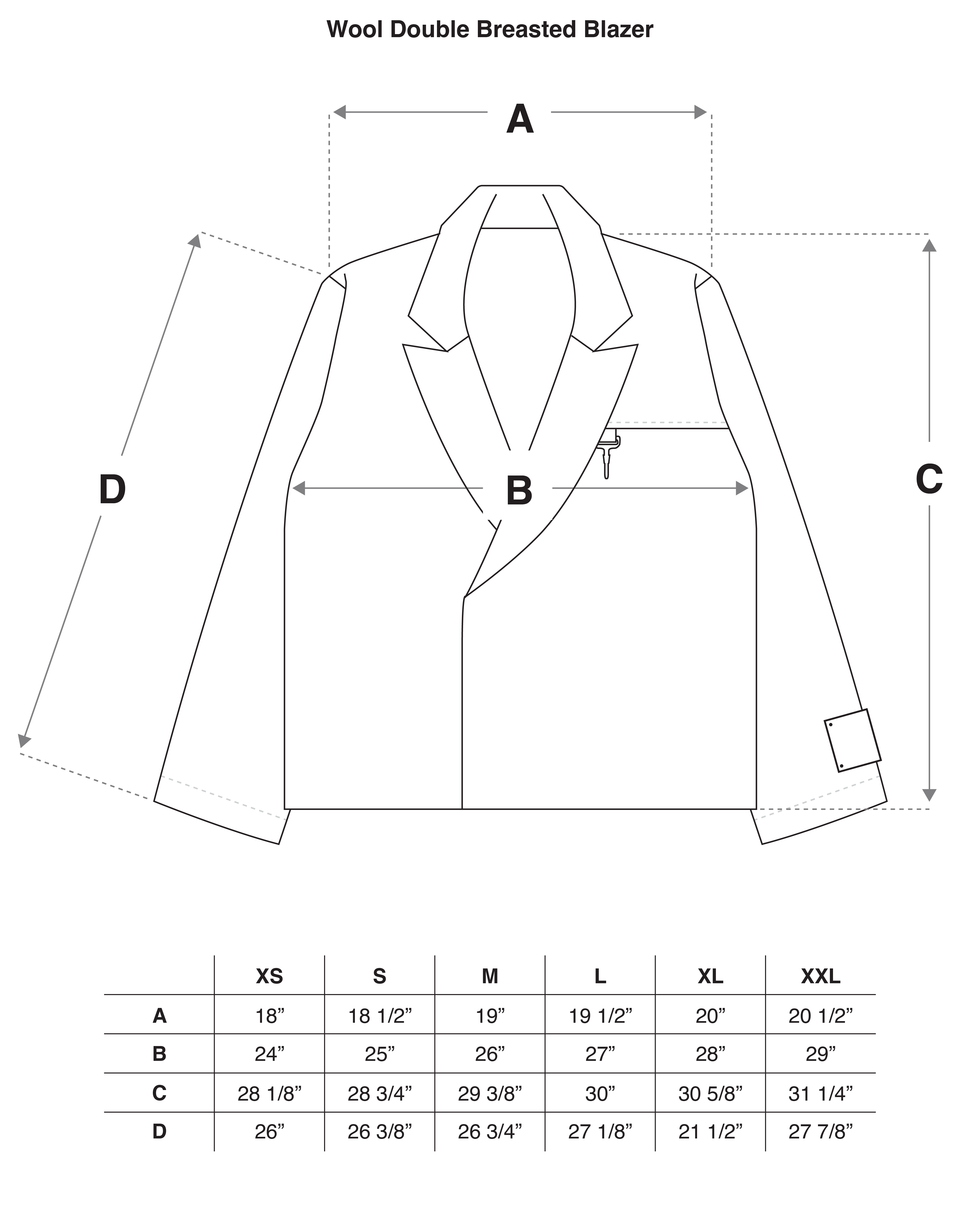 Merino Wool Double Breasted Blazer in Warm Grey Size Guide