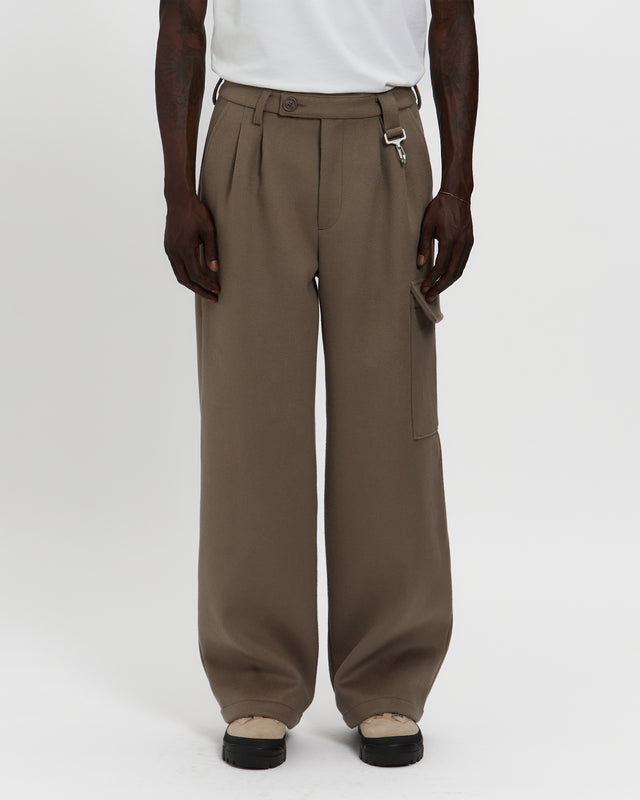 Merino Wool Pleated Cargo Trouser in Warm Grey