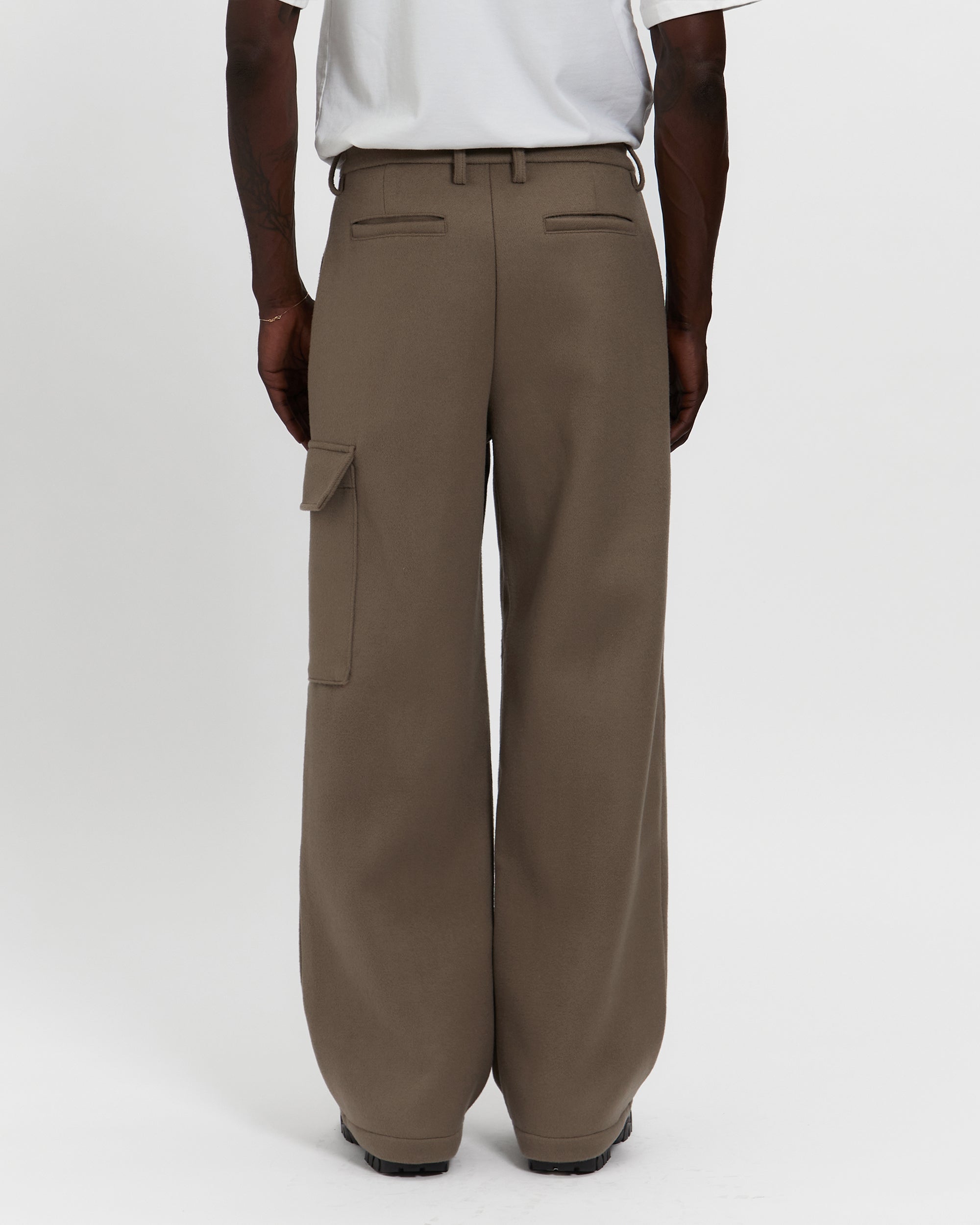 Merino Wool Pleated Cargo Trouser in Warm Grey