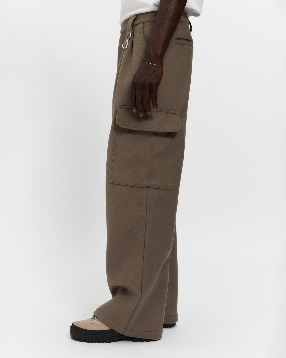 Merino Wool Pleated Cargo Trouser in Warm Grey