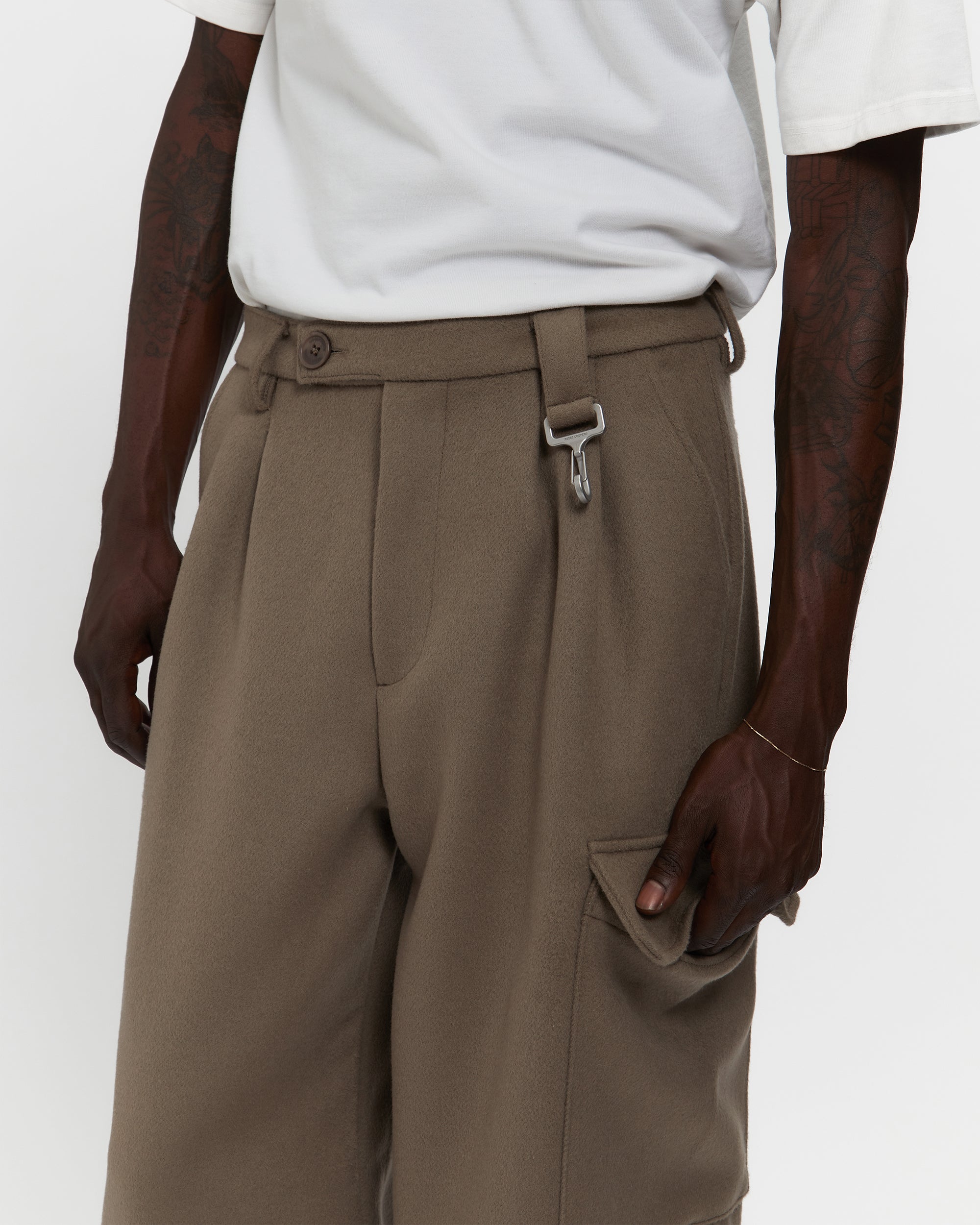 Merino Wool Pleated Cargo Trouser in Warm Grey