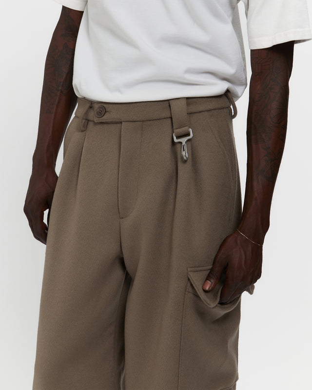 Merino Wool Pleated Cargo Trouser in Warm Grey