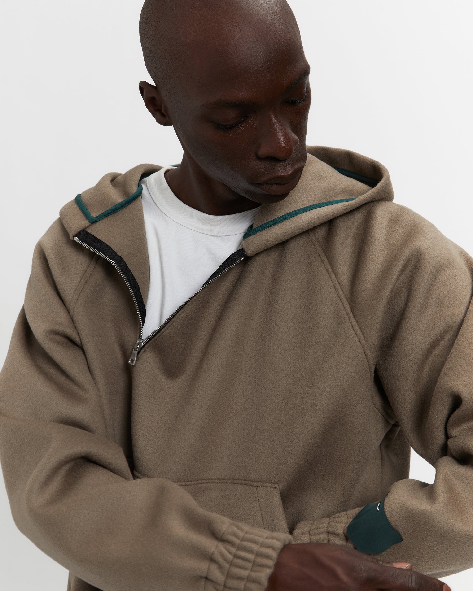Merino Wool Quarter Zip Hoodie in Warm Grey
