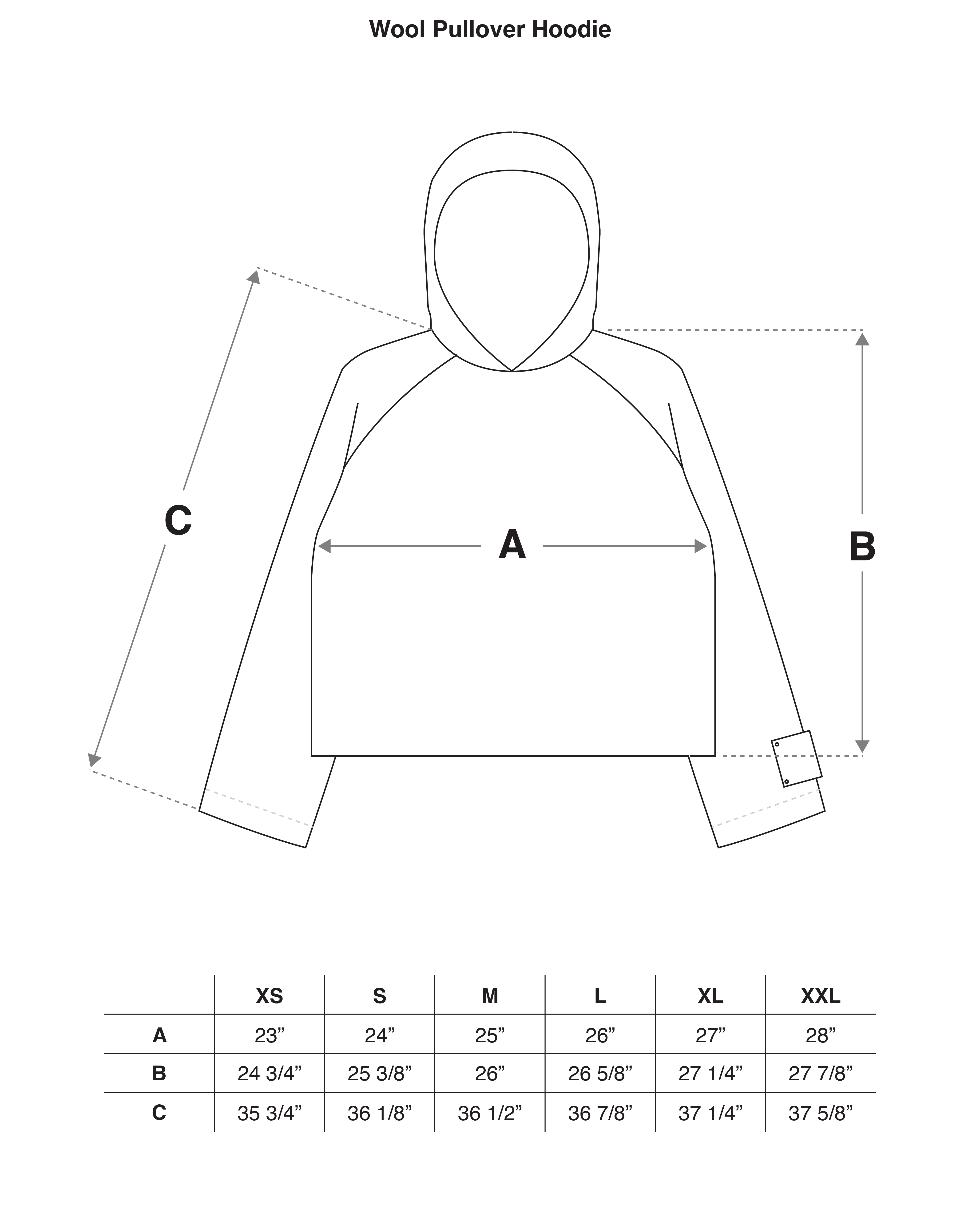 Merino Wool Quarter Zip Hoodie in Warm Grey Size Guide