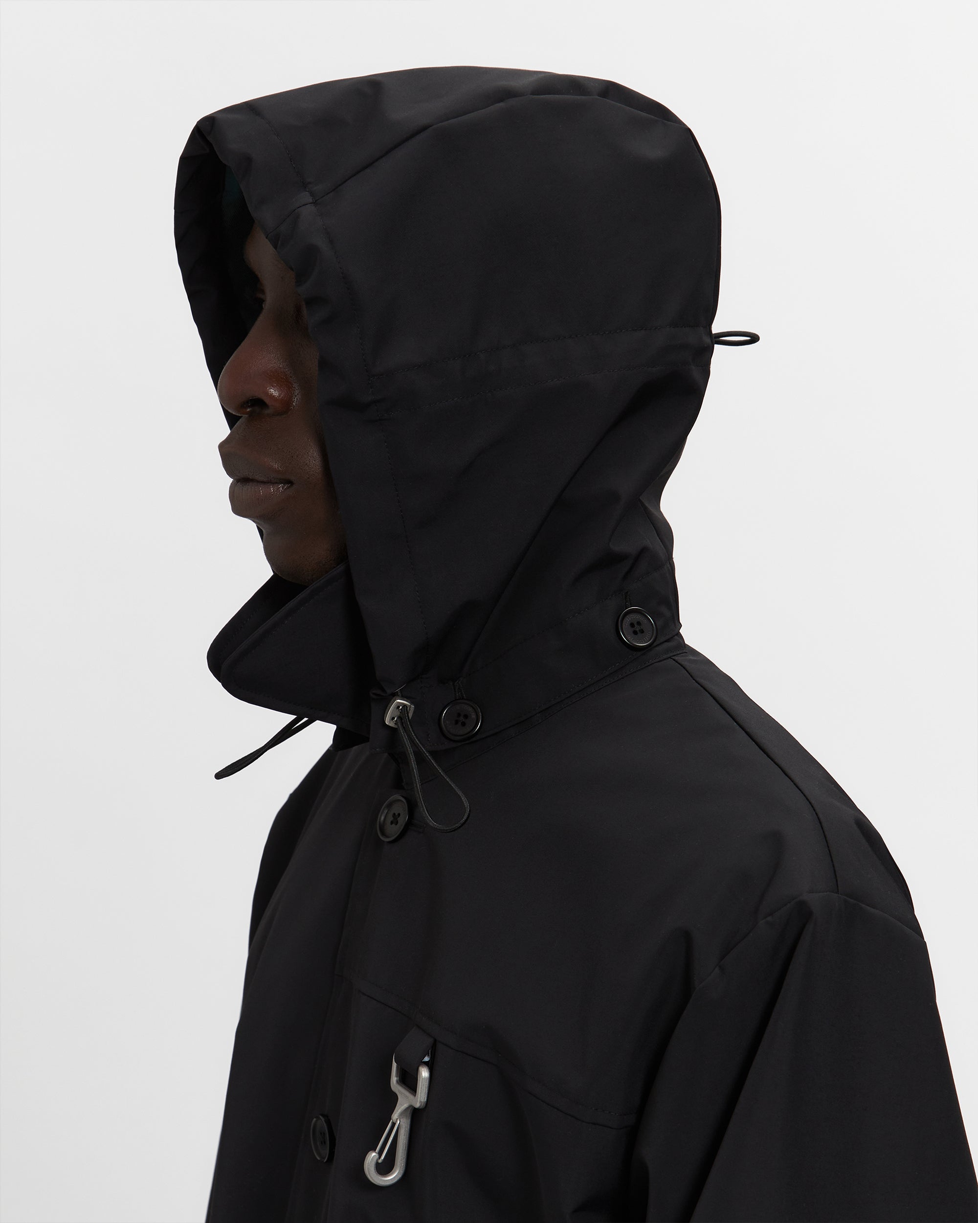 Laminated Nylon Storm Hood Coat in Black