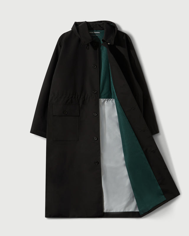 Laminated Nylon Storm Hood Coat in Black