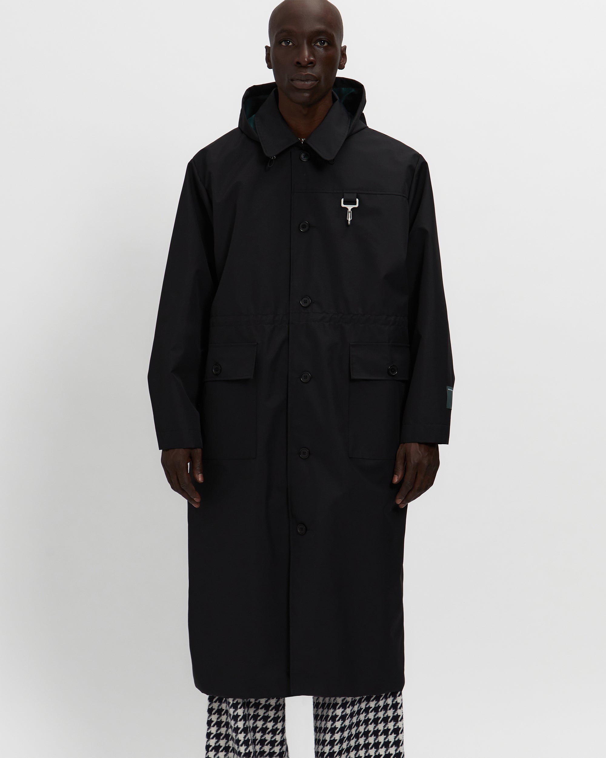 Laminated Nylon Storm Hood Coat in Black
