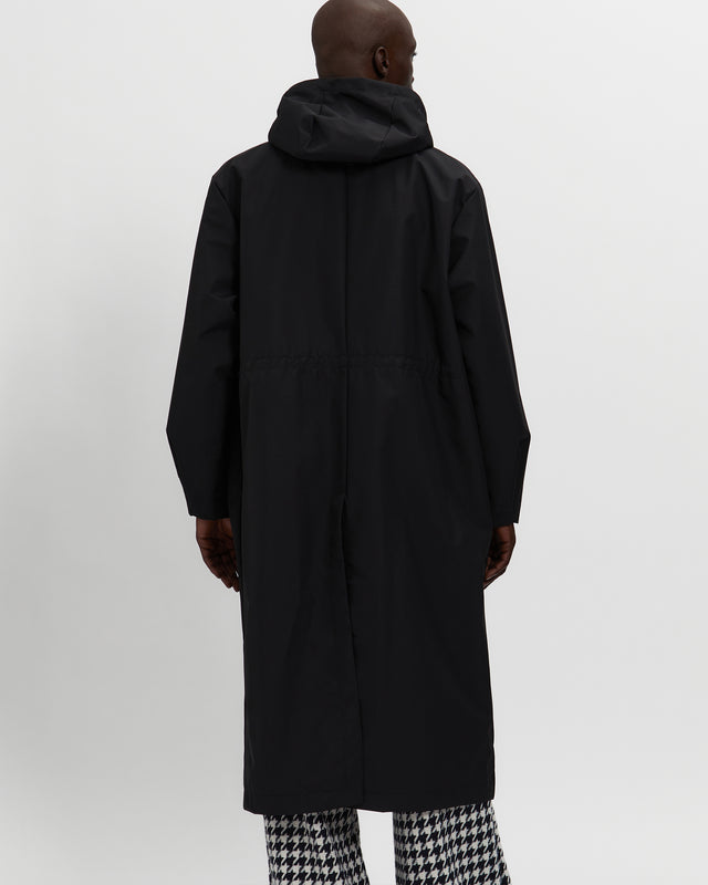 Laminated Nylon Storm Hood Coat in Black