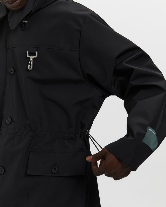 Laminated Nylon Storm Hood Coat in Black