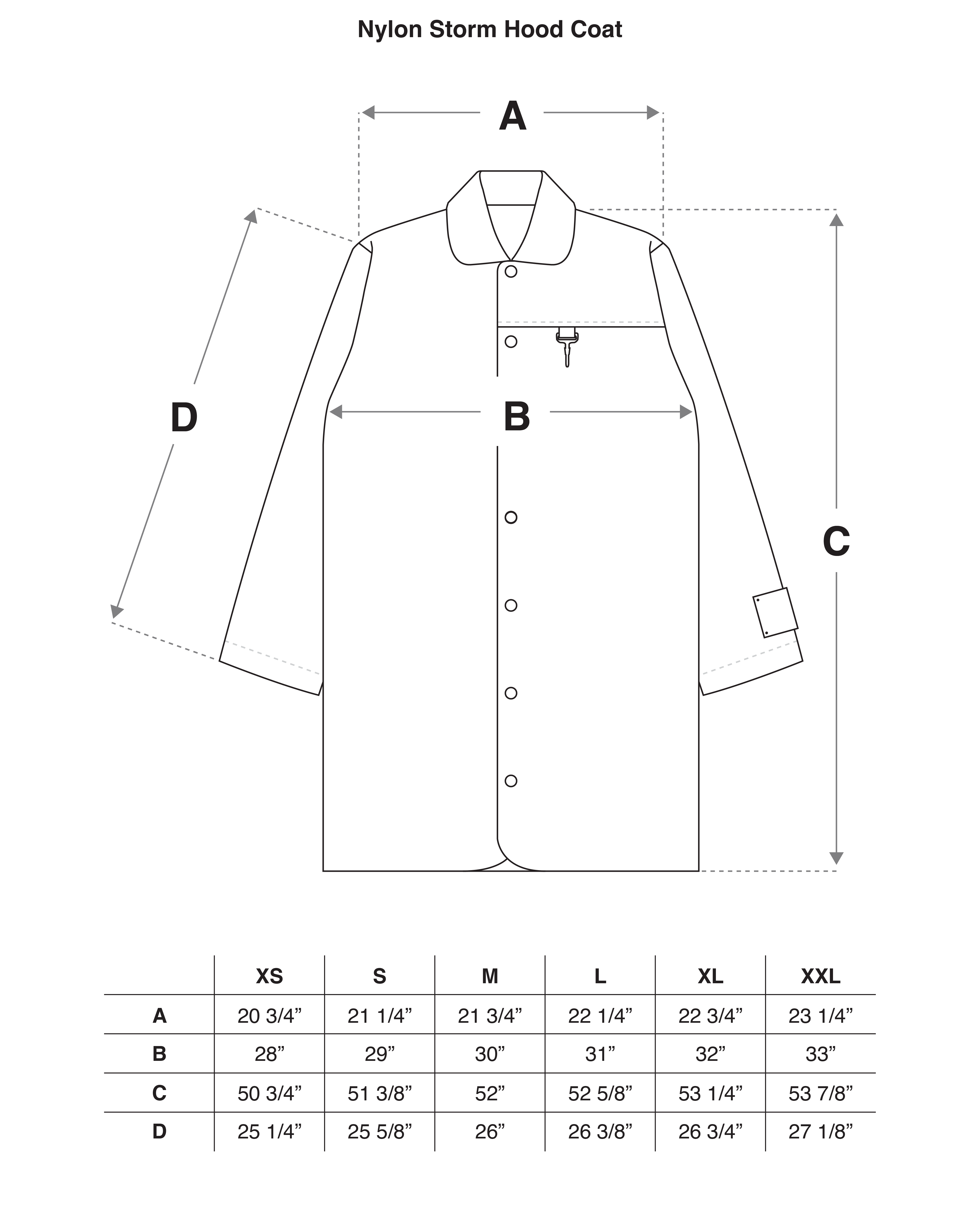 Laminated Nylon Storm Hood Coat in Black Size Guide