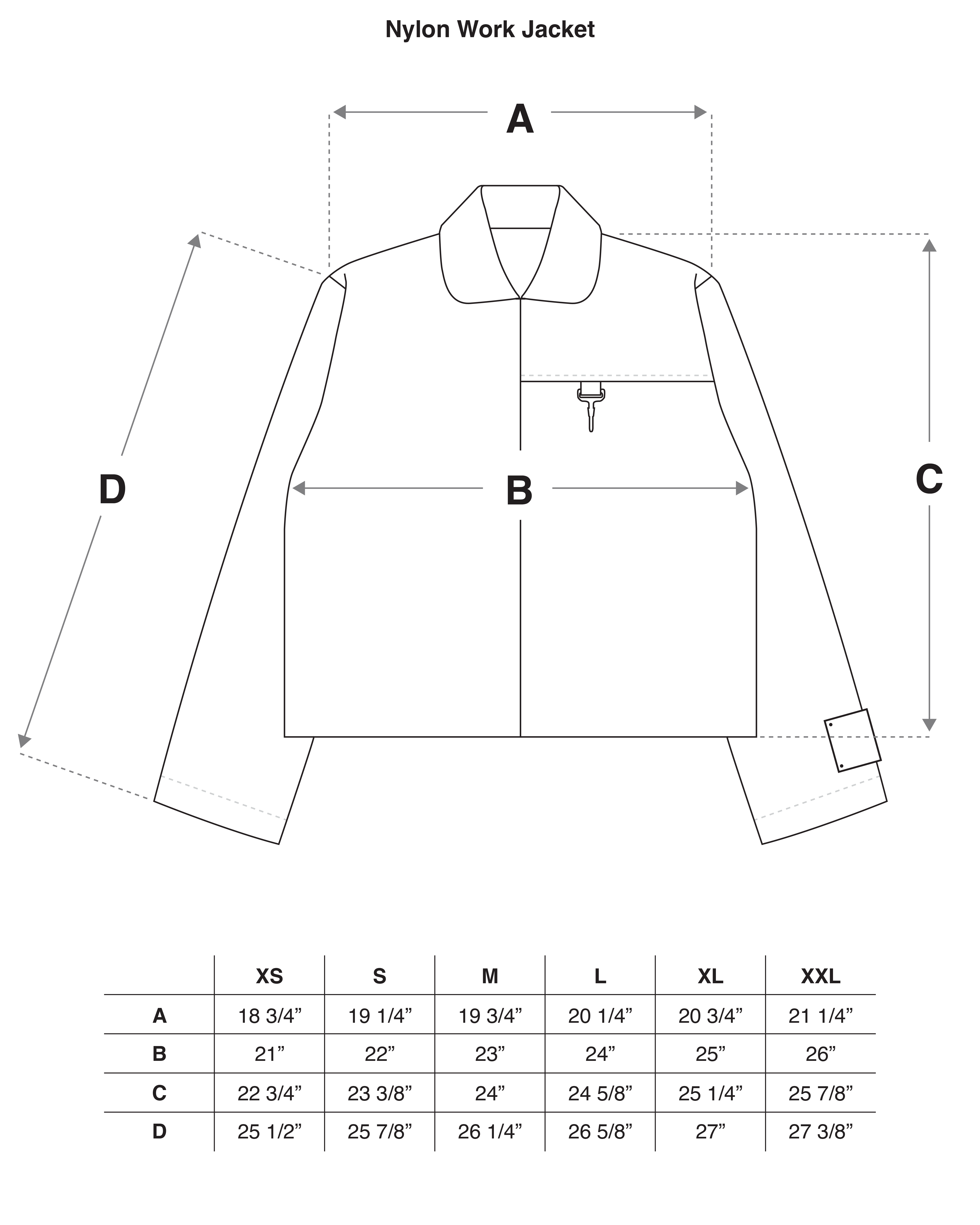 Laminated Nylon Work Jacket in Black Size Guide