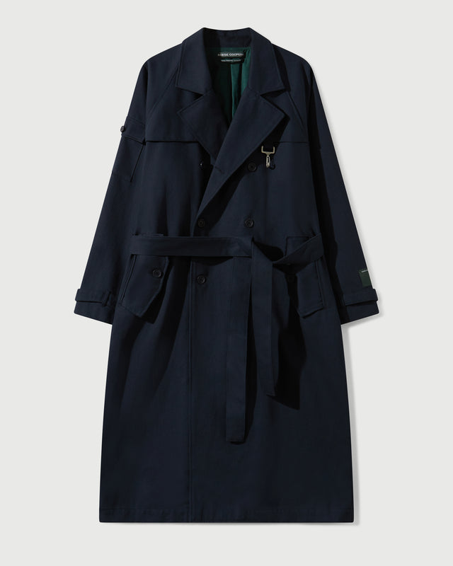 Cotton Twill Double Breasted Trench Coat in Navy