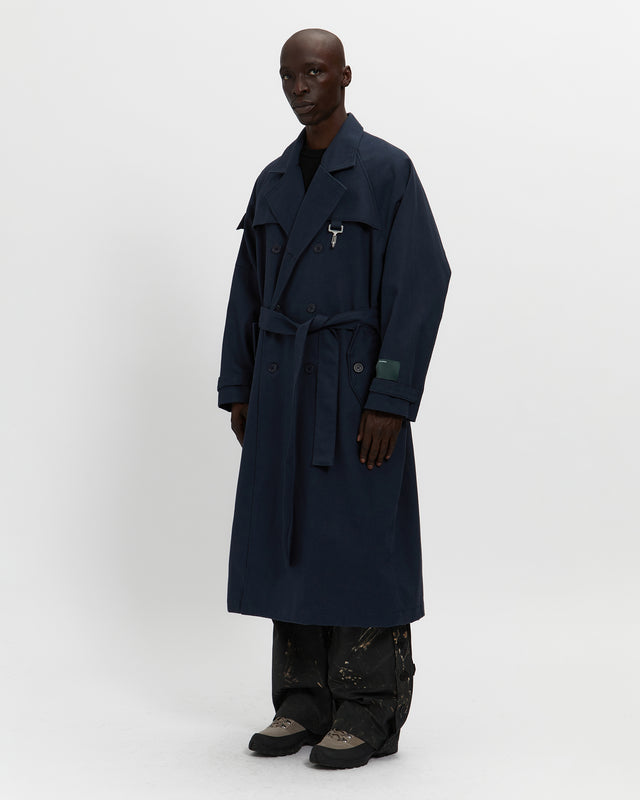 Cotton Twill Double Breasted Trench Coat in Navy