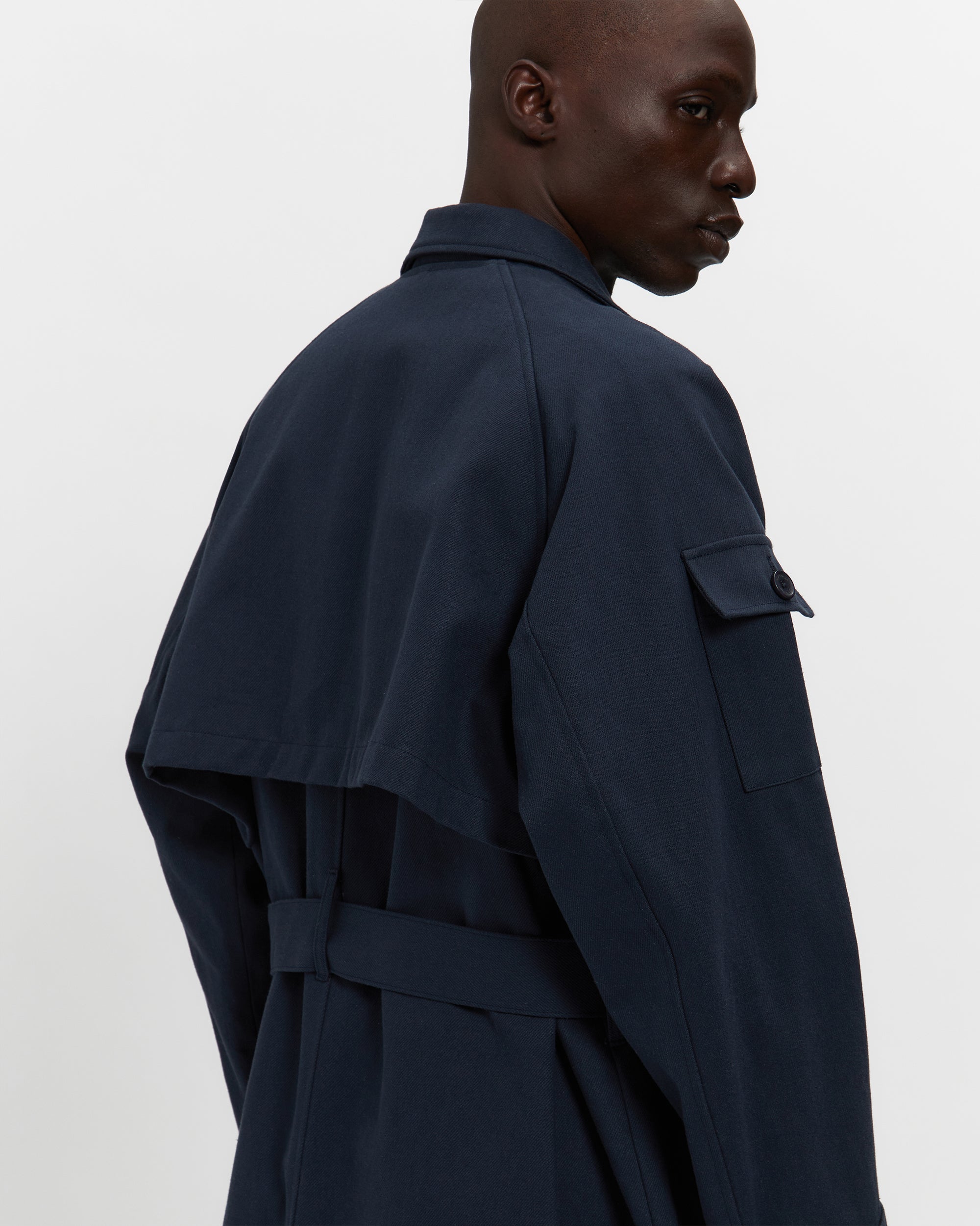 Cotton Twill Double Breasted Trench Coat in Navy