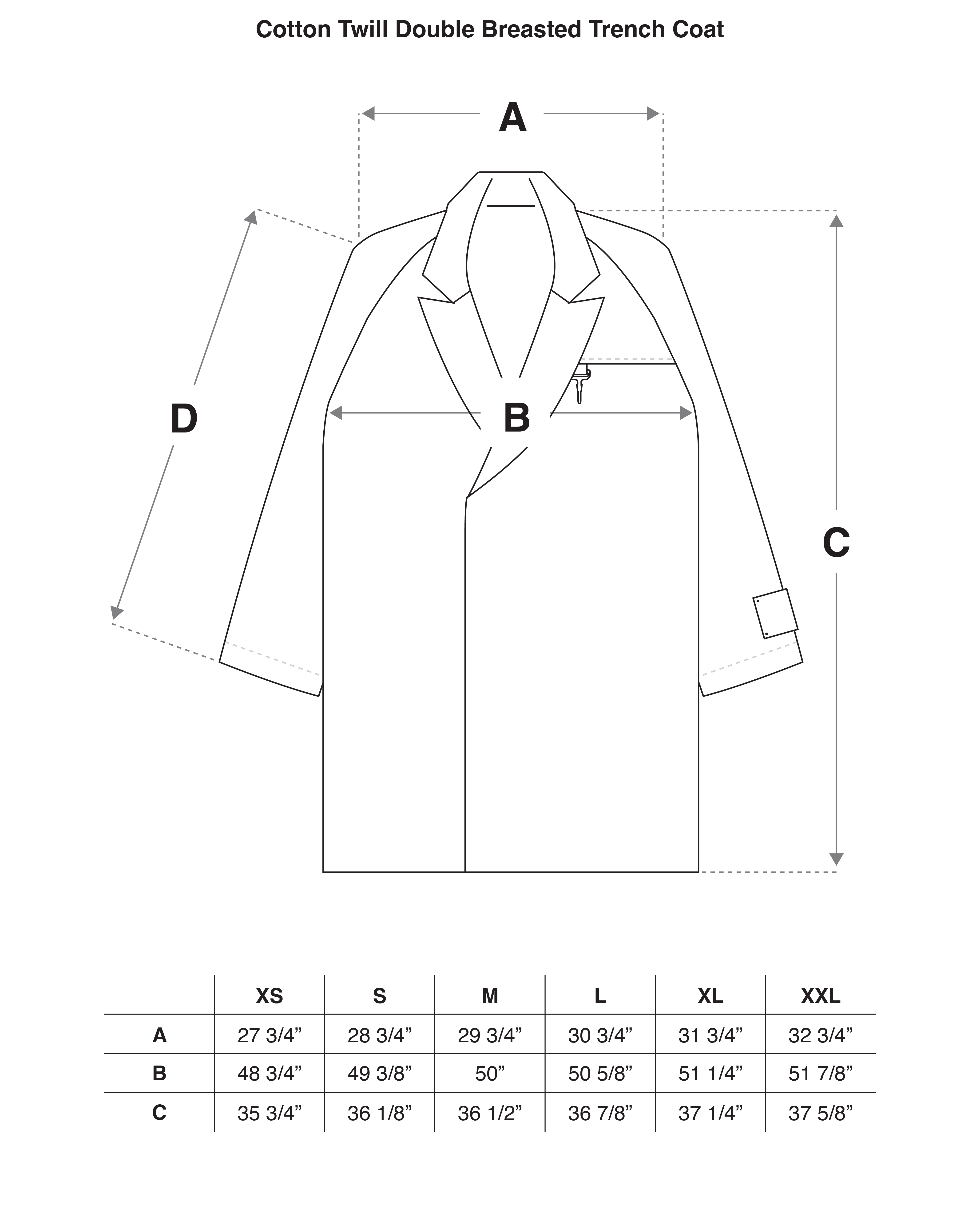 Cotton Twill Double Breasted Trench Coat in Navy Size Guide