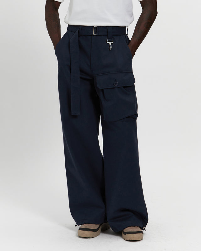 Cotton Twill Patch Pocket Belted Trouser in Navy