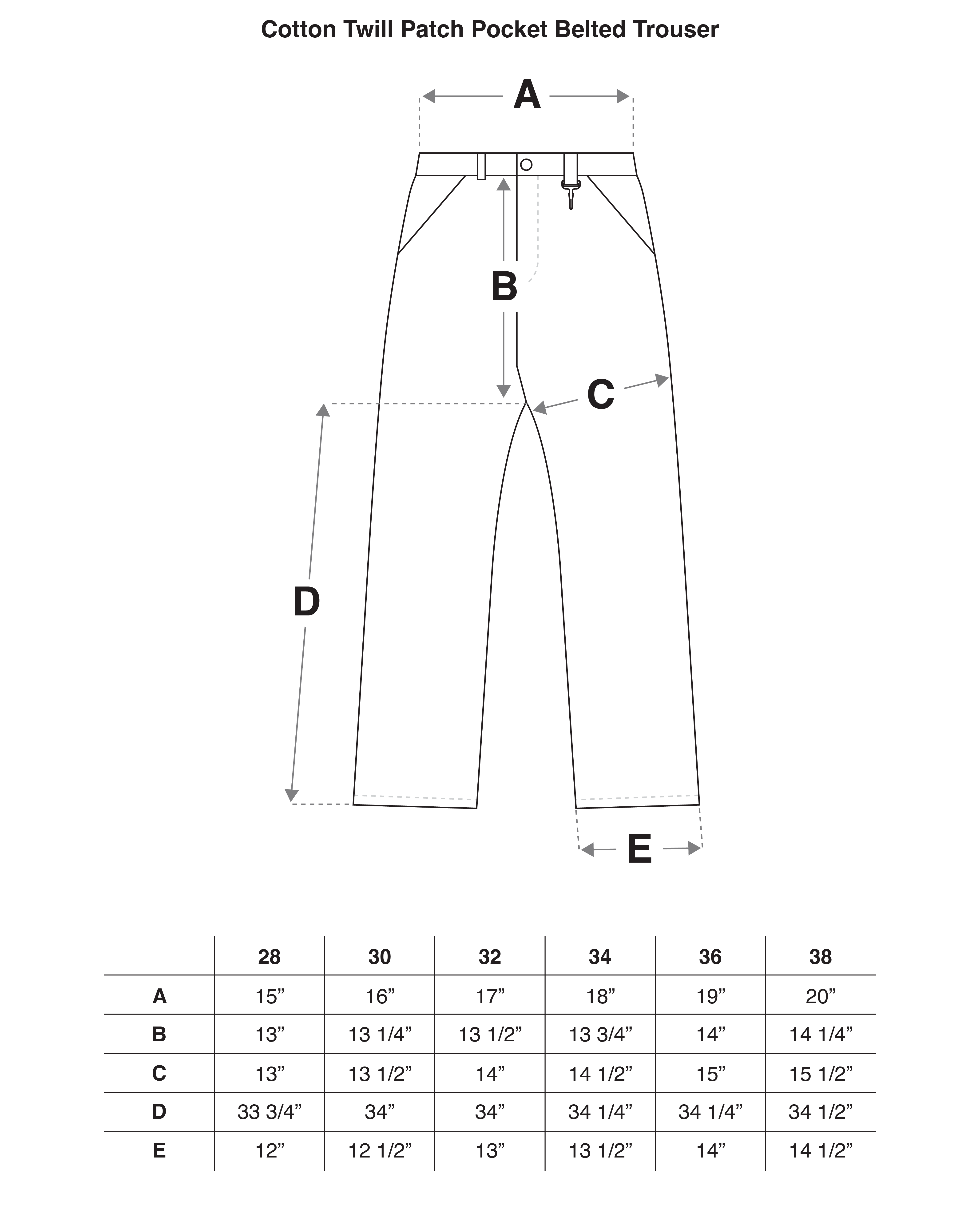 Cotton Twill Patch Pocket Belted Trouser in Navy Size Guide