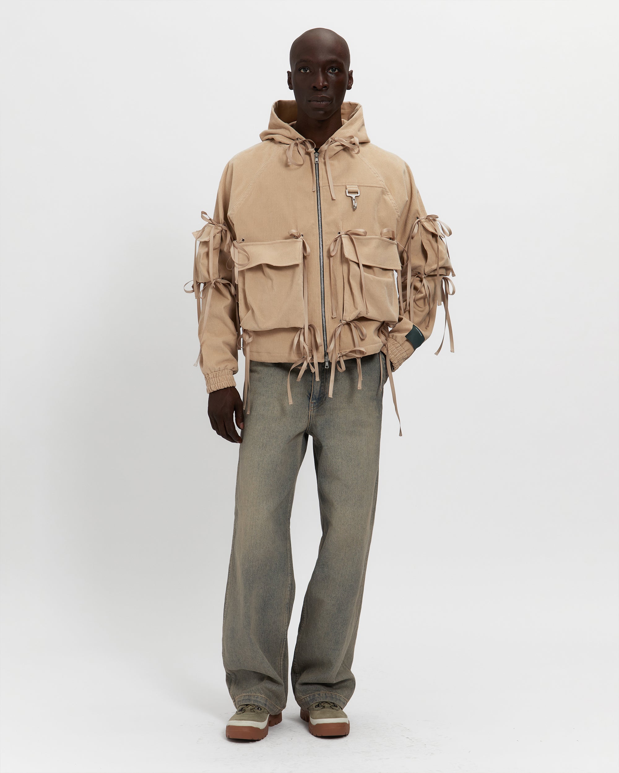Corduroy Modular Pocket Hooded Jacket in Khaki