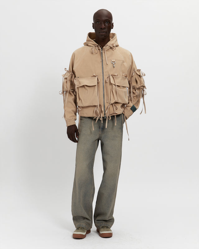 Corduroy Modular Pocket Hooded Jacket in Khaki