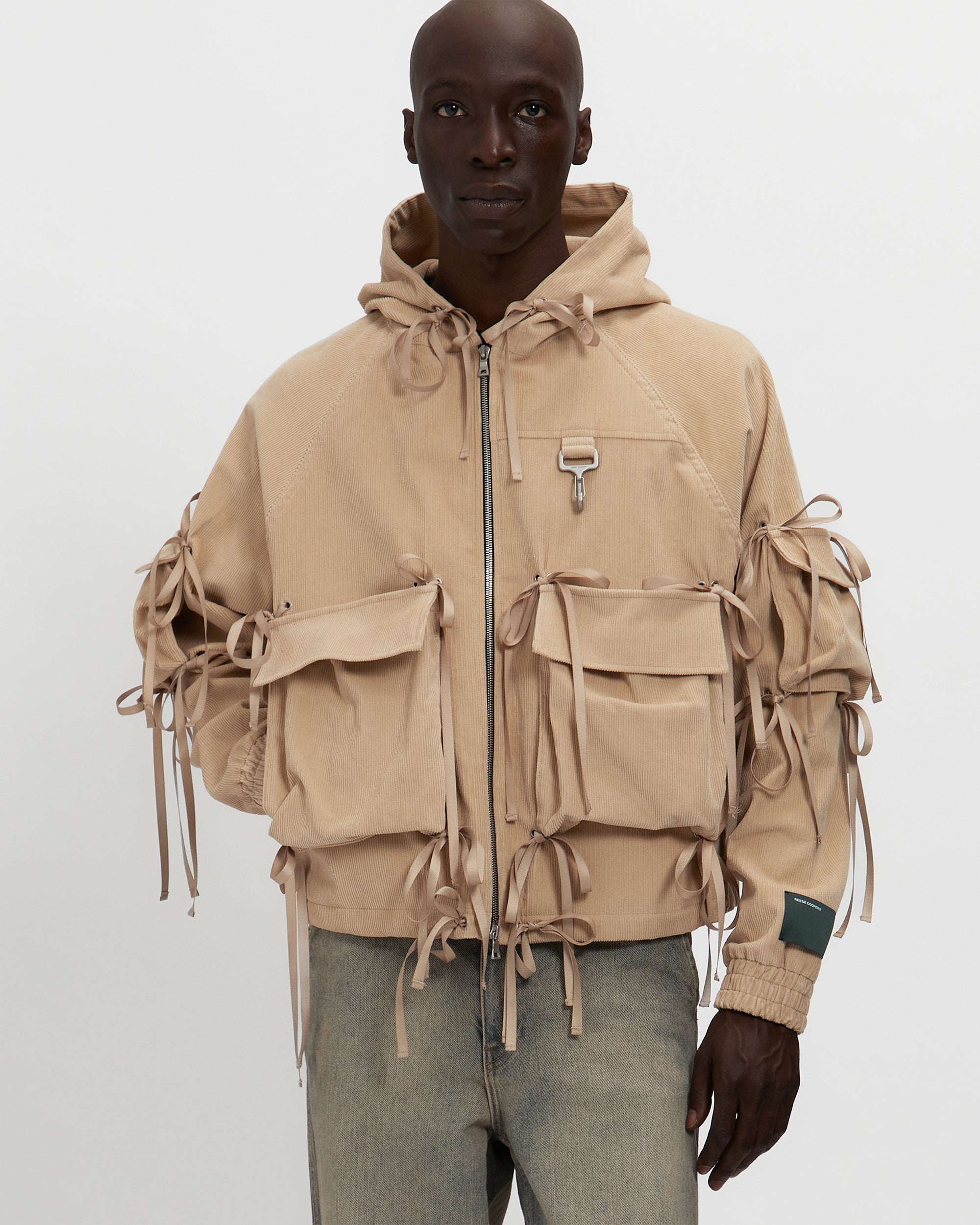 Corduroy Modular Pocket Hooded Jacket in Khaki