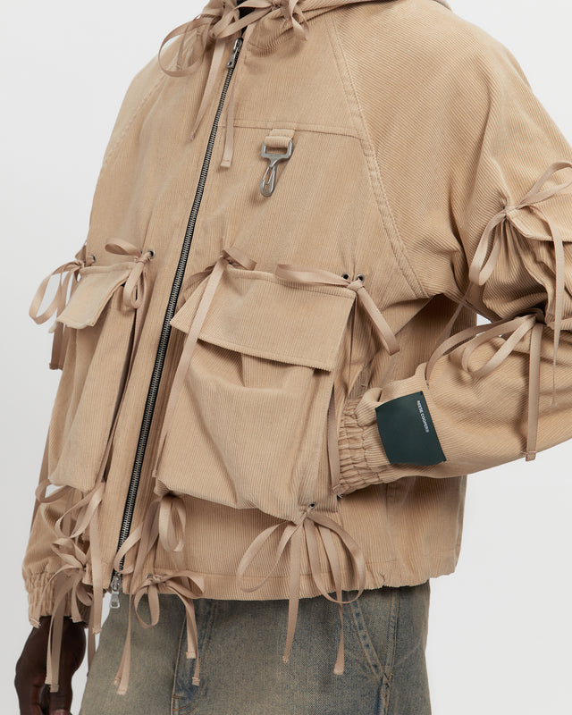 Corduroy Modular Pocket Hooded Jacket in Khaki
