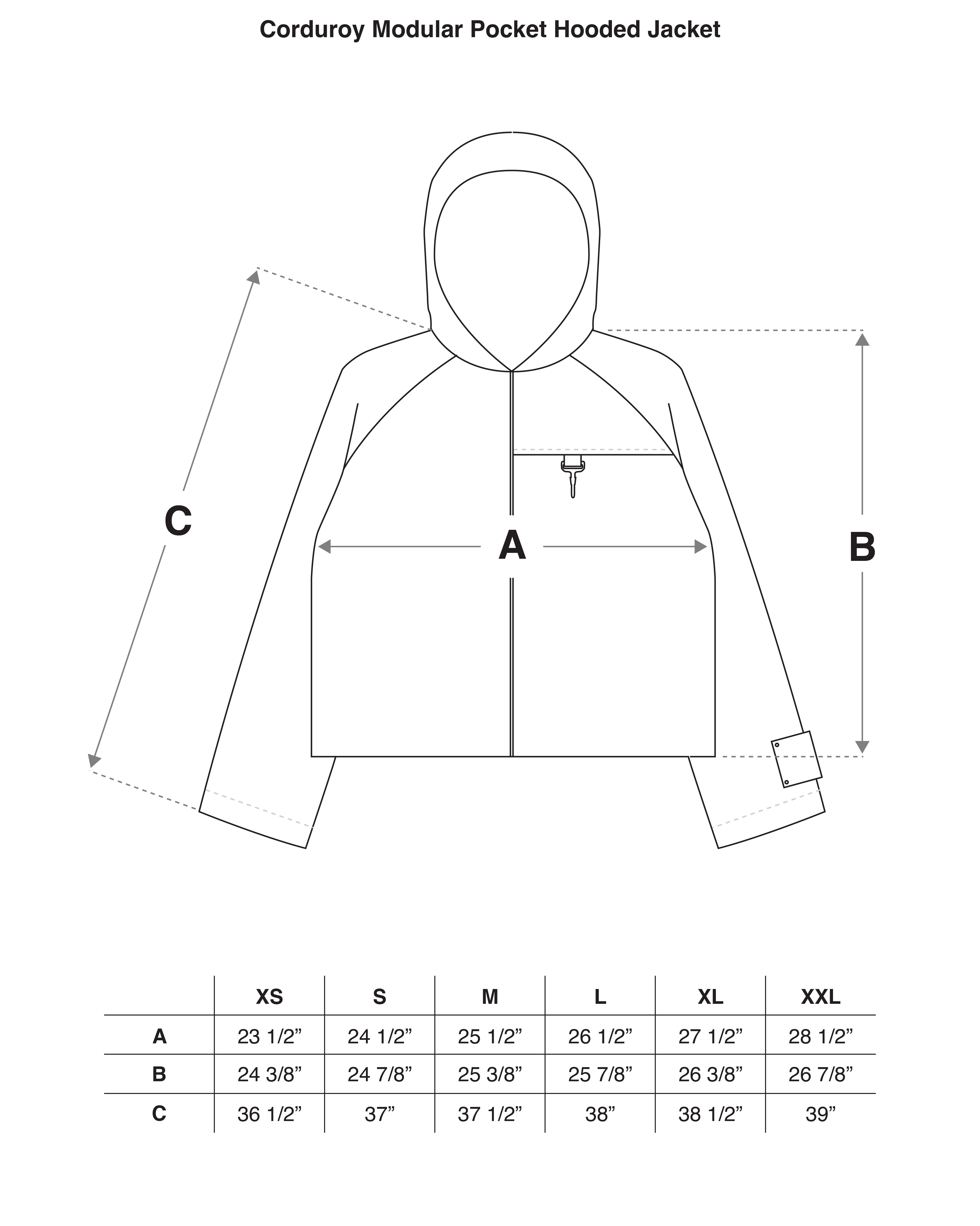 Corduroy Modular Pocket Hooded Jacket in Khaki Size Guide
