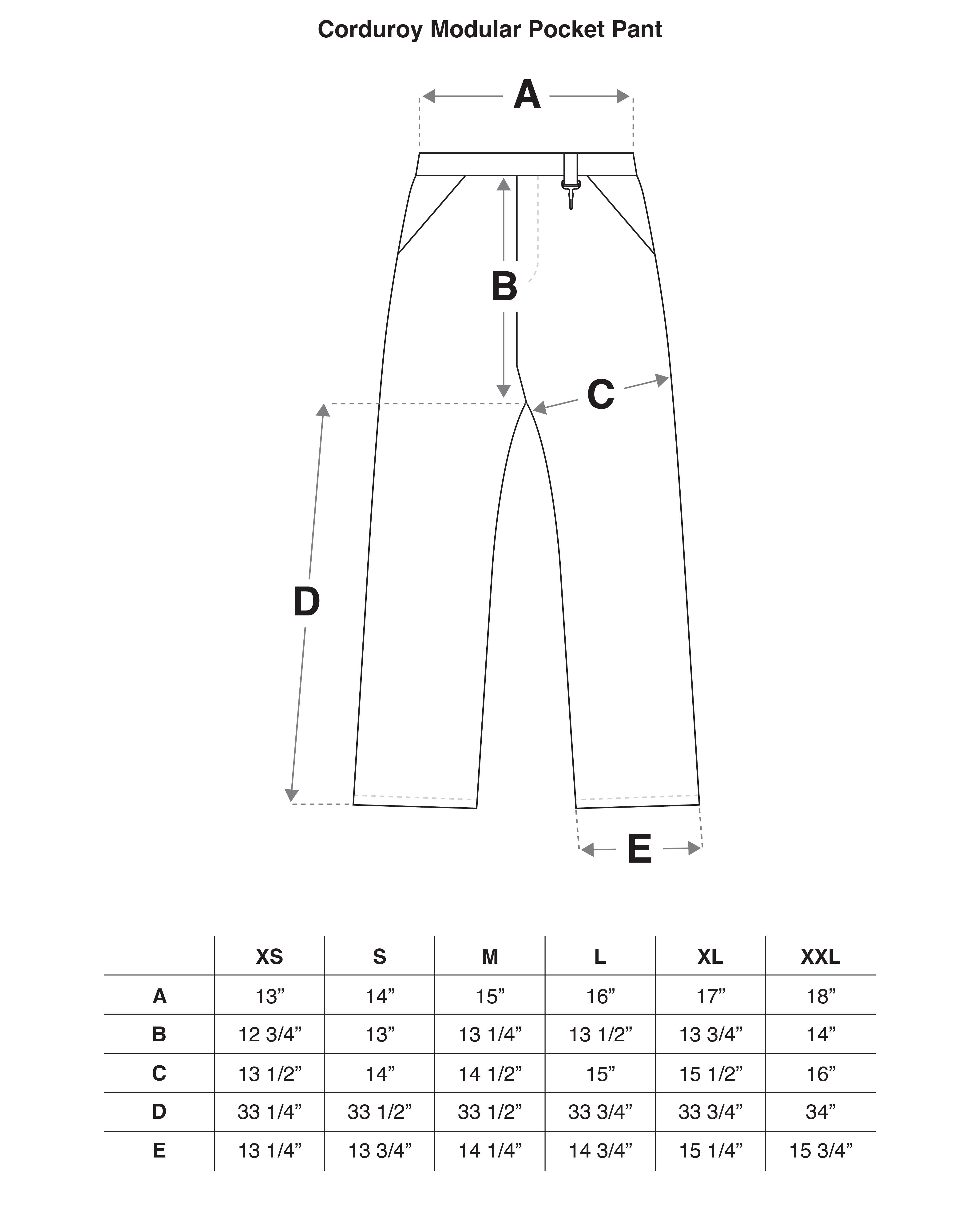 Corduroy Modular Pocket Cargo Pant in Khaki Size Guide