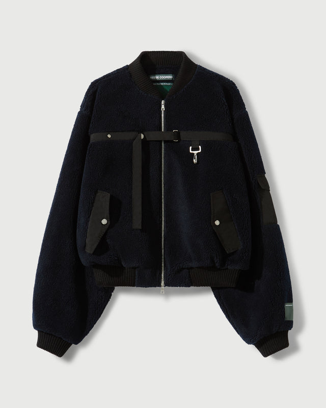 Sherpa Fleece Bomber Jacket in Navy & Black