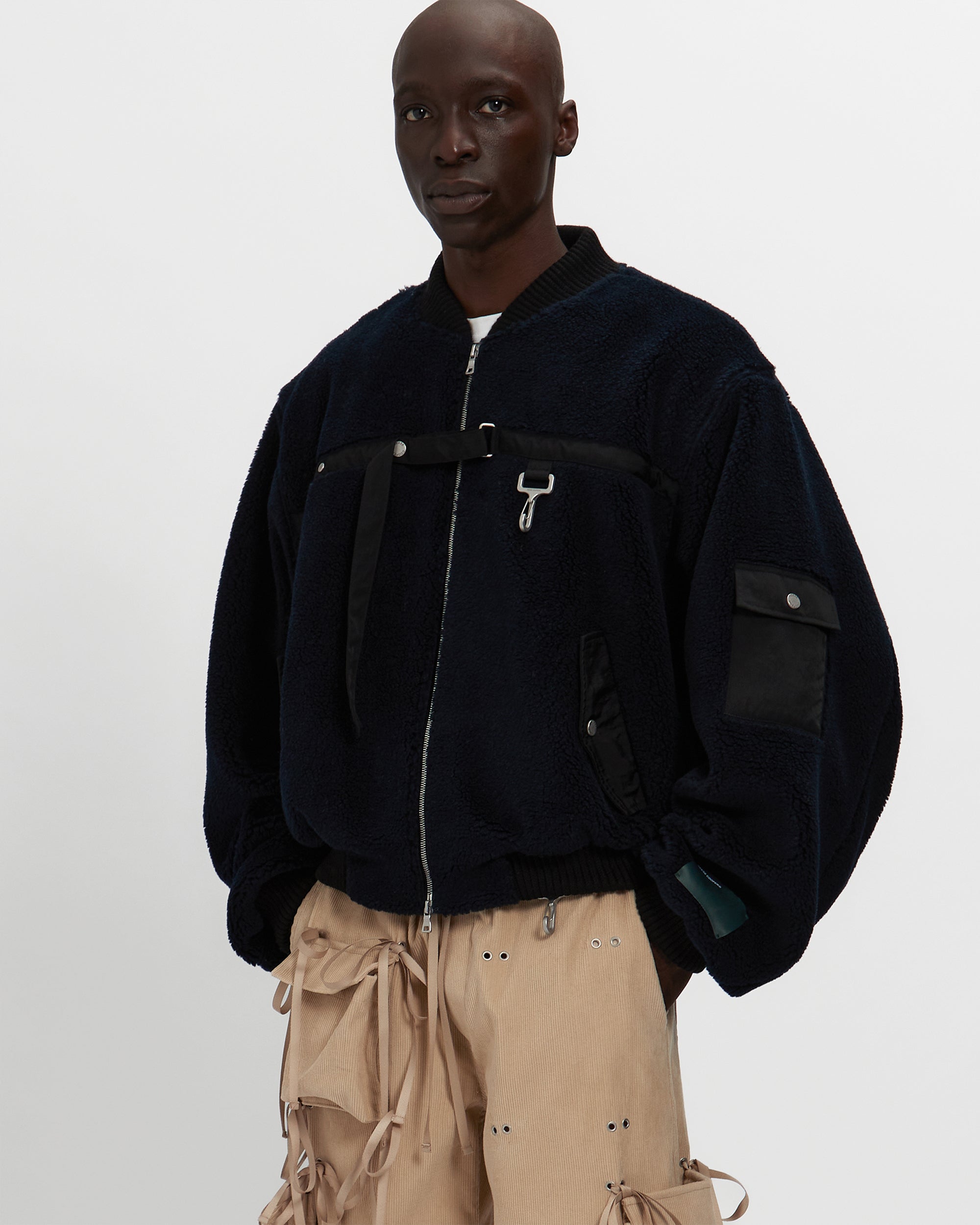 Sherpa Fleece Bomber Jacket in Navy & Black