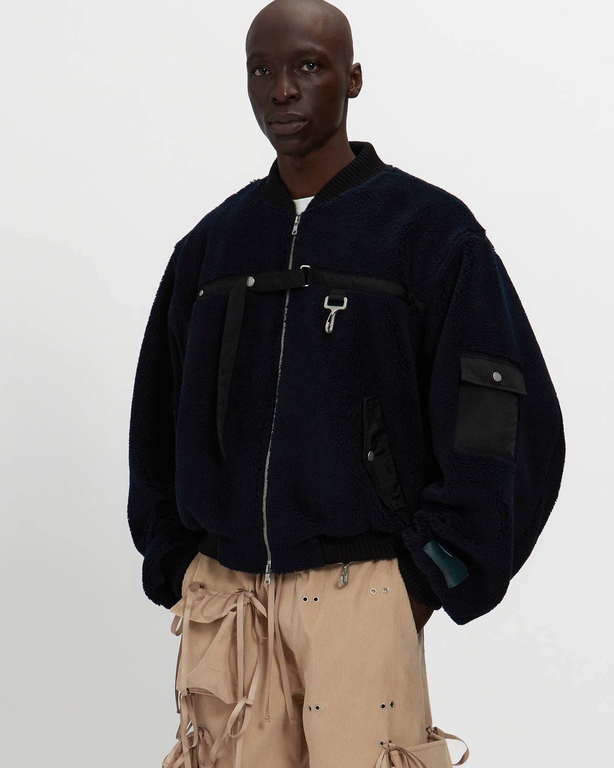 Sherpa Fleece Bomber Jacket in Navy & Black